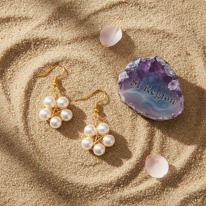 Pearl & Goldtone Geometric Floral Hook Earrings
