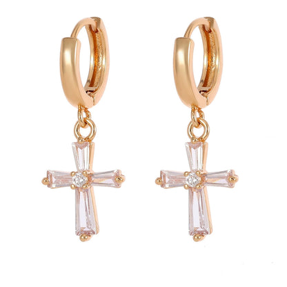 Cubic Zirconia & Goldtone Cross Huggie Earrings
