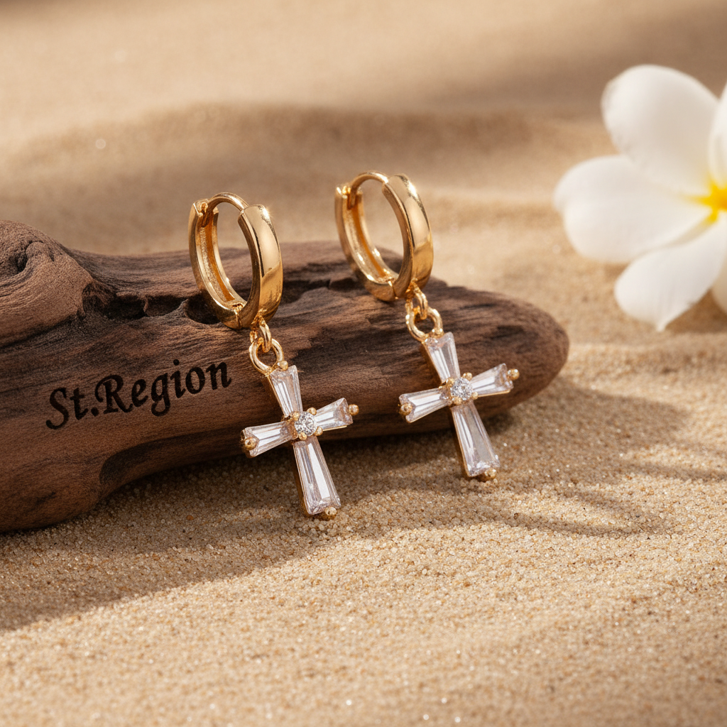 Cubic Zirconia & Goldtone Cross Huggie Earrings