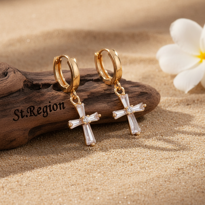 Cubic Zirconia & Goldtone Cross Huggie Earrings