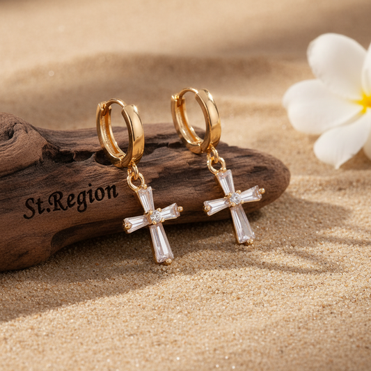 Cubic Zirconia & Goldtone Cross Huggie Earrings