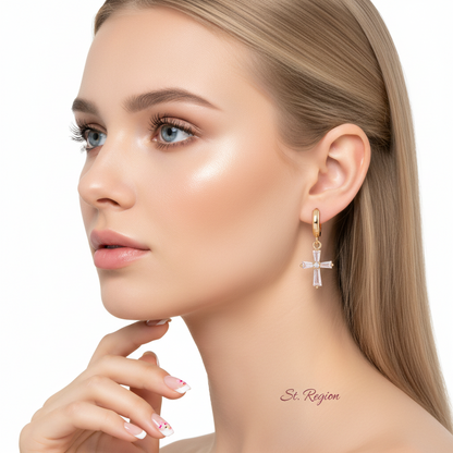 Cubic Zirconia & Goldtone Cross Huggie Earrings