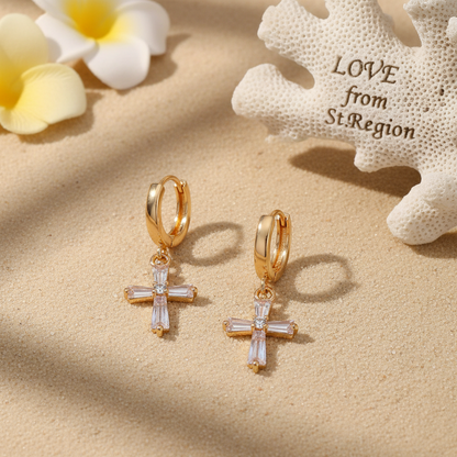 Cubic Zirconia & Goldtone Cross Huggie Earrings