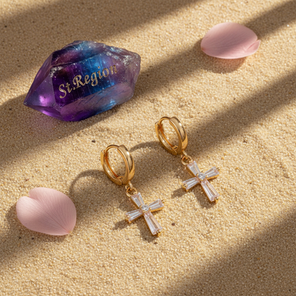 Cubic Zirconia & Goldtone Cross Huggie Earrings