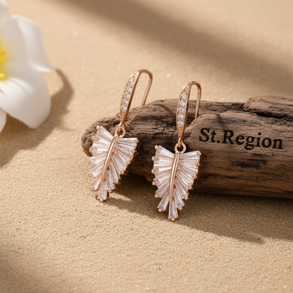 Cubic Zirconia & Goldtone Leaf Hook Earrings