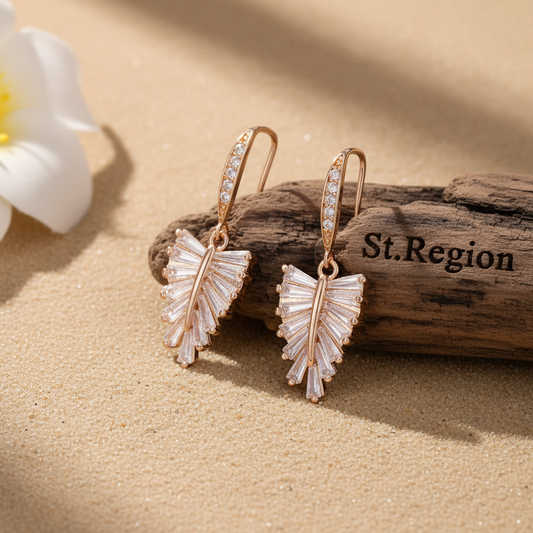 Cubic Zirconia & Goldtone Leaf Hook Earrings