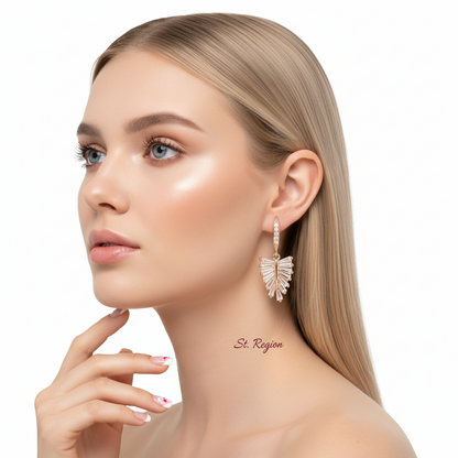 Cubic Zirconia & Goldtone Leaf Hook Earrings