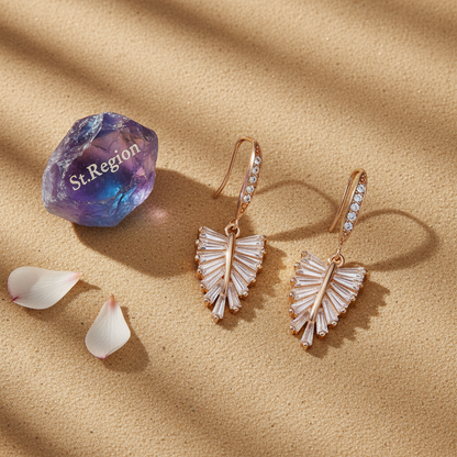 Cubic Zirconia & Goldtone Leaf Hook Earrings