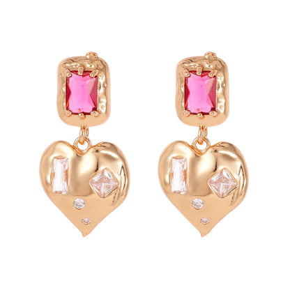 Pink Crystal & Cubic Zirconia Goldtone Heart Dangle Earrings
