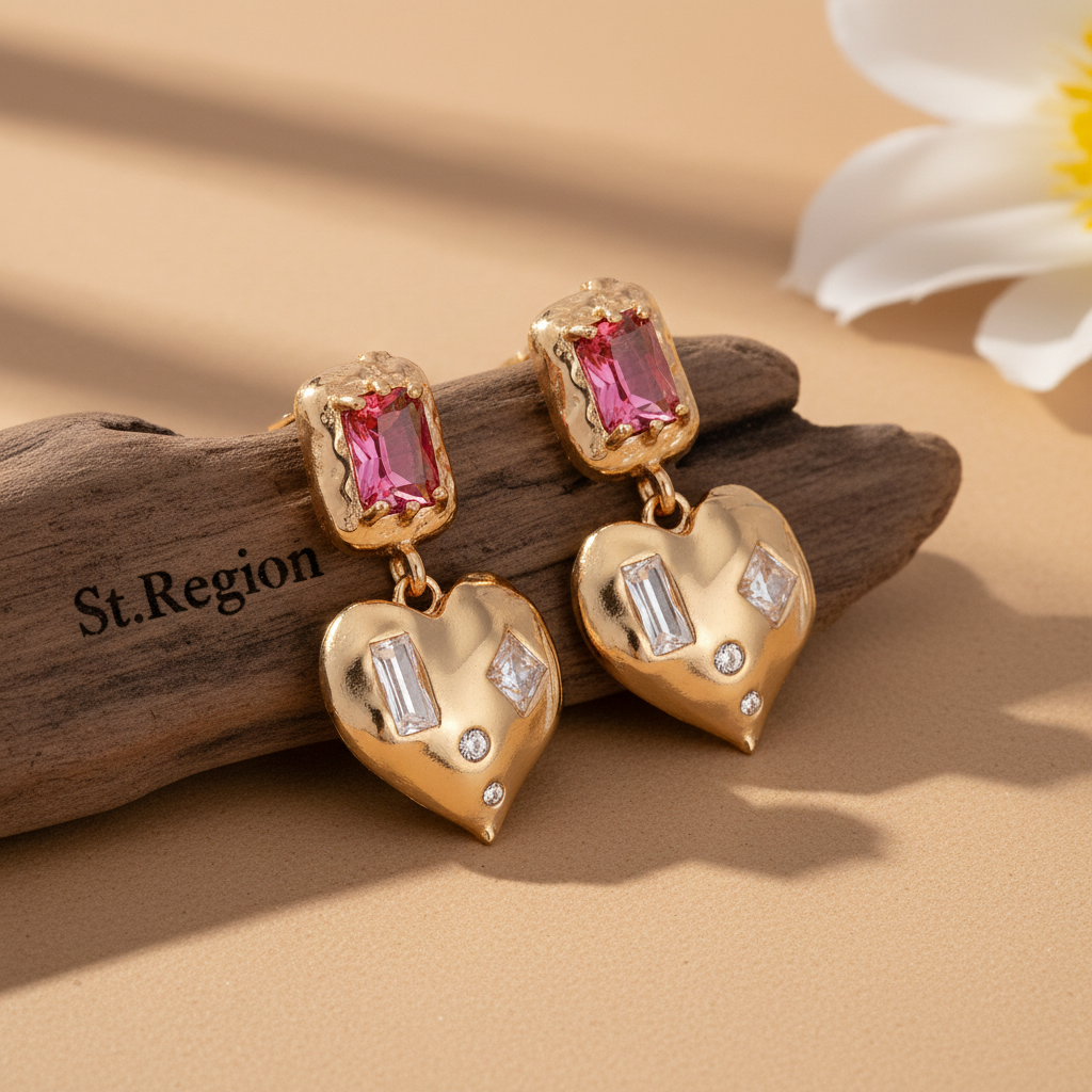 Pink Crystal & Cubic Zirconia Goldtone Heart Dangle Earrings