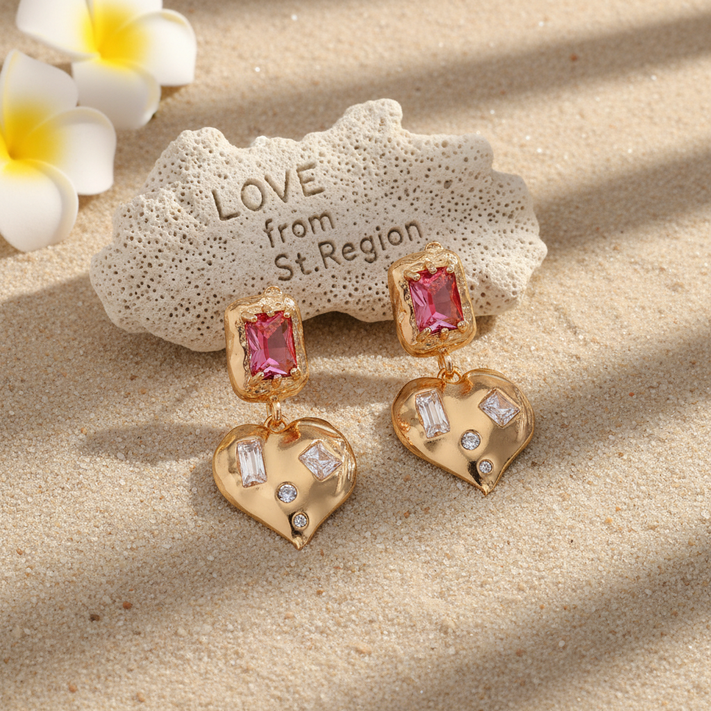 Pink Crystal & Cubic Zirconia Goldtone Heart Dangle Earrings