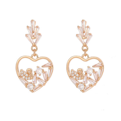 Cubic Zirconia & Goldtone Swan Heart Dangle Earrings