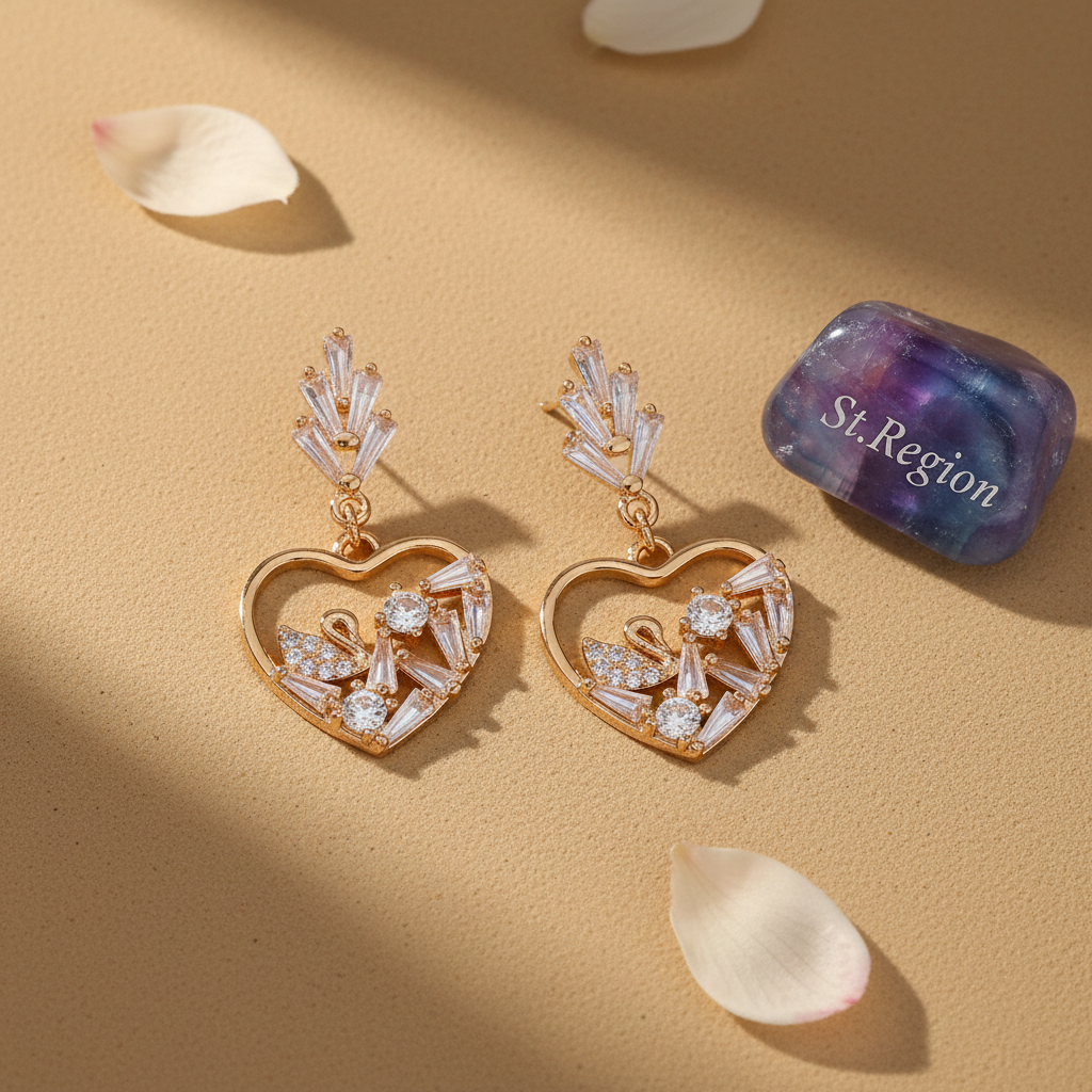 Cubic Zirconia & Goldtone Swan Heart Dangle Earrings