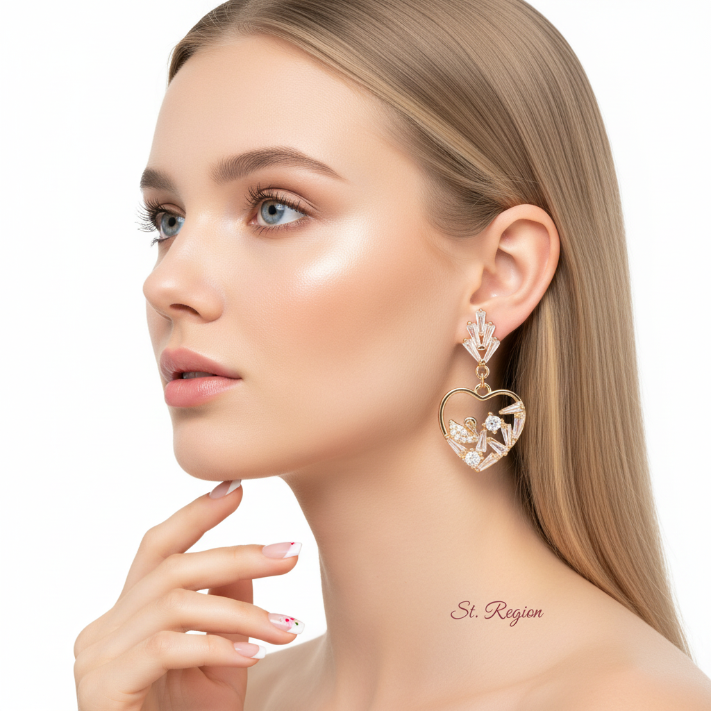 Cubic Zirconia & Goldtone Swan Heart Dangle Earrings
