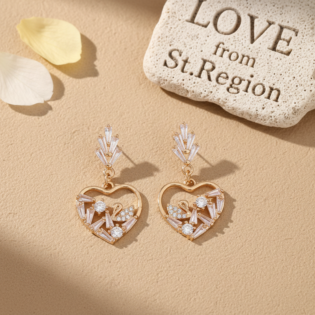 Cubic Zirconia & Goldtone Swan Heart Dangle Earrings