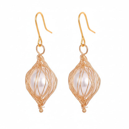 Pearl & Goldtone Artisanal Wire-Mesh Caged Hook Earrings