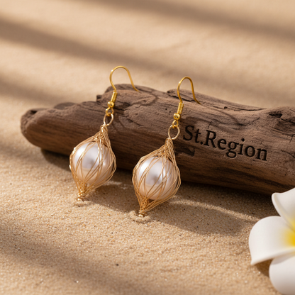 Pearl & Goldtone Artisanal Wire-Mesh Caged Hook Earrings