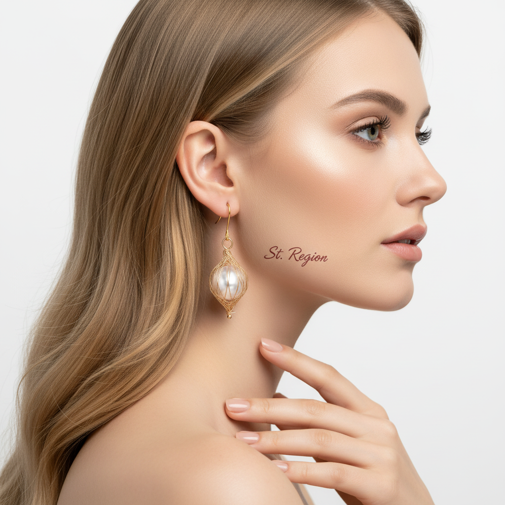 Pearl & Goldtone Artisanal Wire-Mesh Caged Hook Earrings