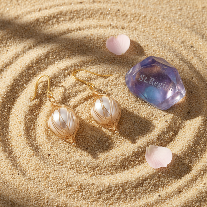Pearl & Goldtone Artisanal Wire-Mesh Caged Hook Earrings