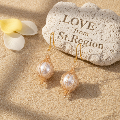 Pearl & Goldtone Artisanal Wire-Mesh Caged Hook Earrings