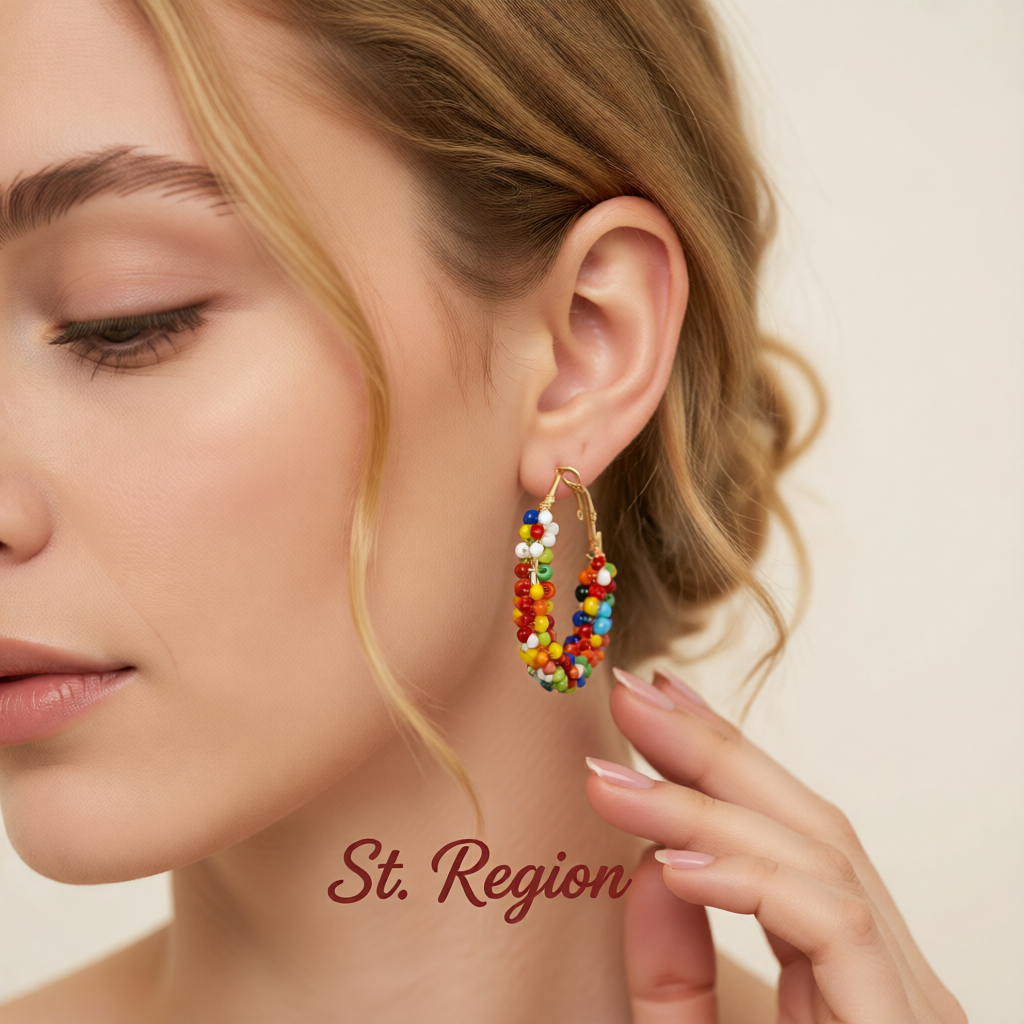 Multi-colored Howlite & Goldtone Beads Hoop Earrings