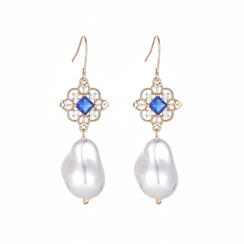 Royal Blue Crystal & Baroque Pearl Floral Rhombus Drop Earrings