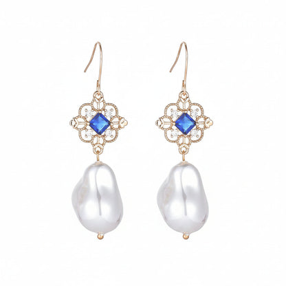 Royal Blue Crystal & Baroque Pearl Floral Rhombus Drop Earrings