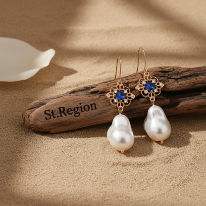 Royal Blue Crystal & Baroque Pearl Floral Rhombus Drop Earrings