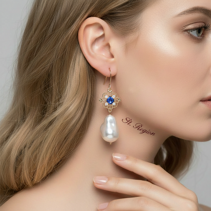 Royal Blue Crystal & Baroque Pearl Floral Rhombus Drop Earrings