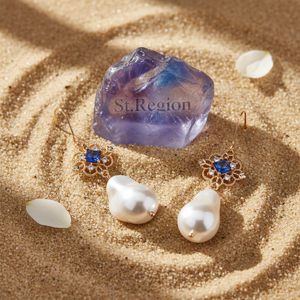 Royal Blue Crystal & Baroque Pearl Floral Rhombus Drop Earrings