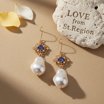 Royal Blue Crystal & Baroque Pearl Floral Rhombus Drop Earrings