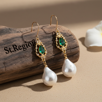 Emerald Crystal & Baroque Pearl Goldtone Teardrop Hook Earrings