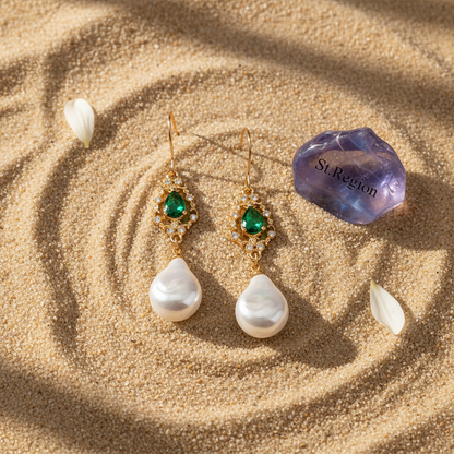 Emerald Crystal & Baroque Pearl Goldtone Teardrop Hook Earrings