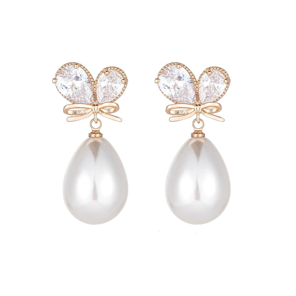 Pear Crystal & Pearl Goldtone Butterfly Drop Earrings