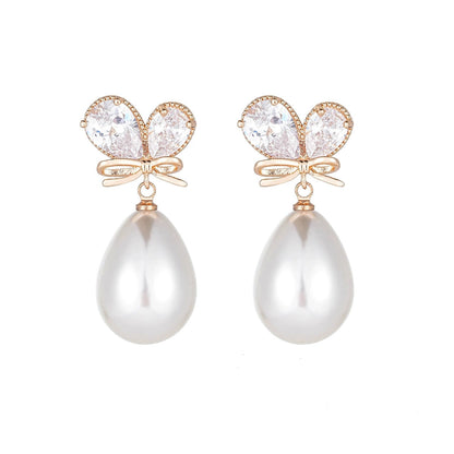 Pear Crystal & Pearl Goldtone Butterfly Drop Earrings