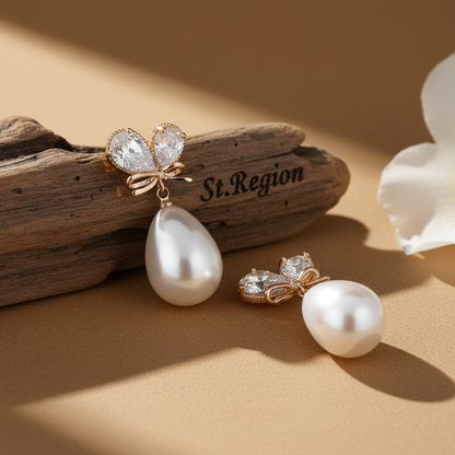 Pear Crystal & Pearl Goldtone Butterfly Drop Earrings