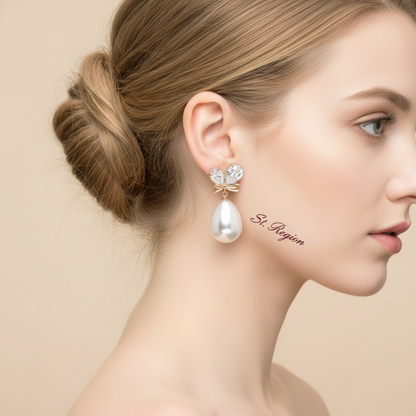 Pear Crystal & Pearl Goldtone Butterfly Drop Earrings