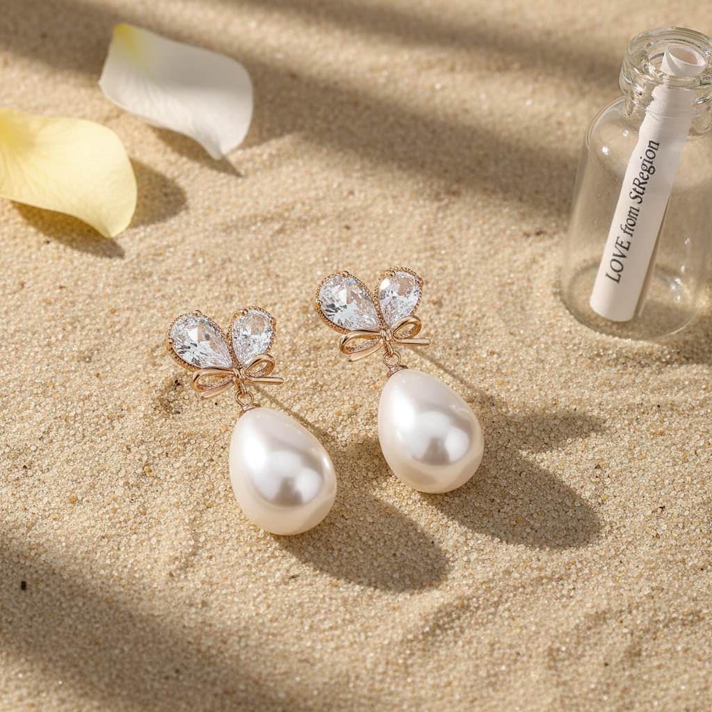 Pear Crystal & Pearl Goldtone Butterfly Drop Earrings