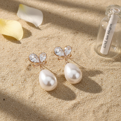 Pear Crystal & Pearl Goldtone Butterfly Drop Earrings