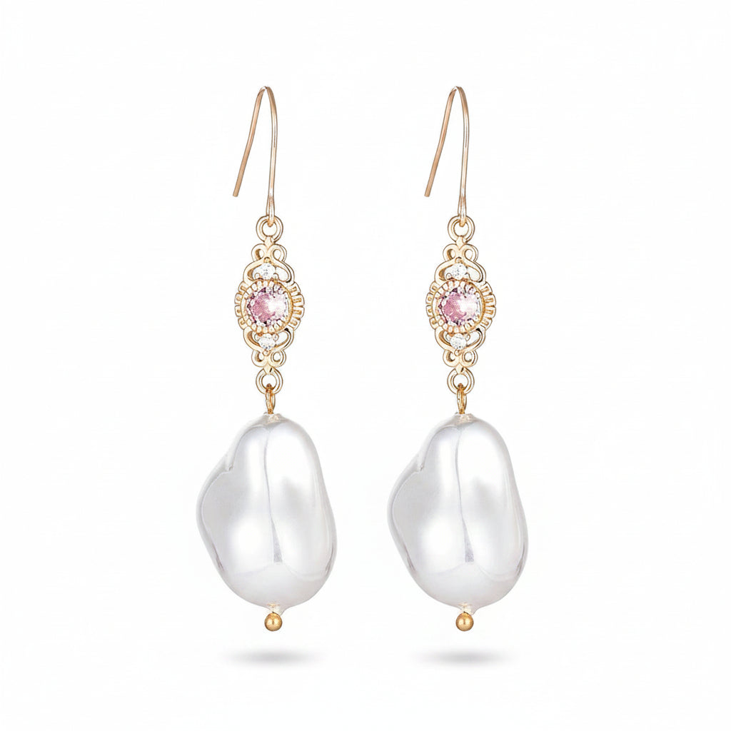 Pink Crystal & Baroque Pearl Goldtone Filigree Hook Earrings