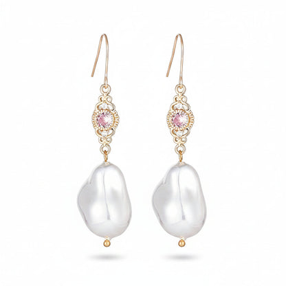 Pink Crystal & Baroque Pearl Goldtone Filigree Hook Earrings