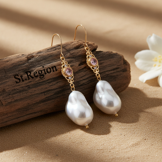 Pink Crystal & Baroque Pearl Goldtone Filigree Hook Earrings
