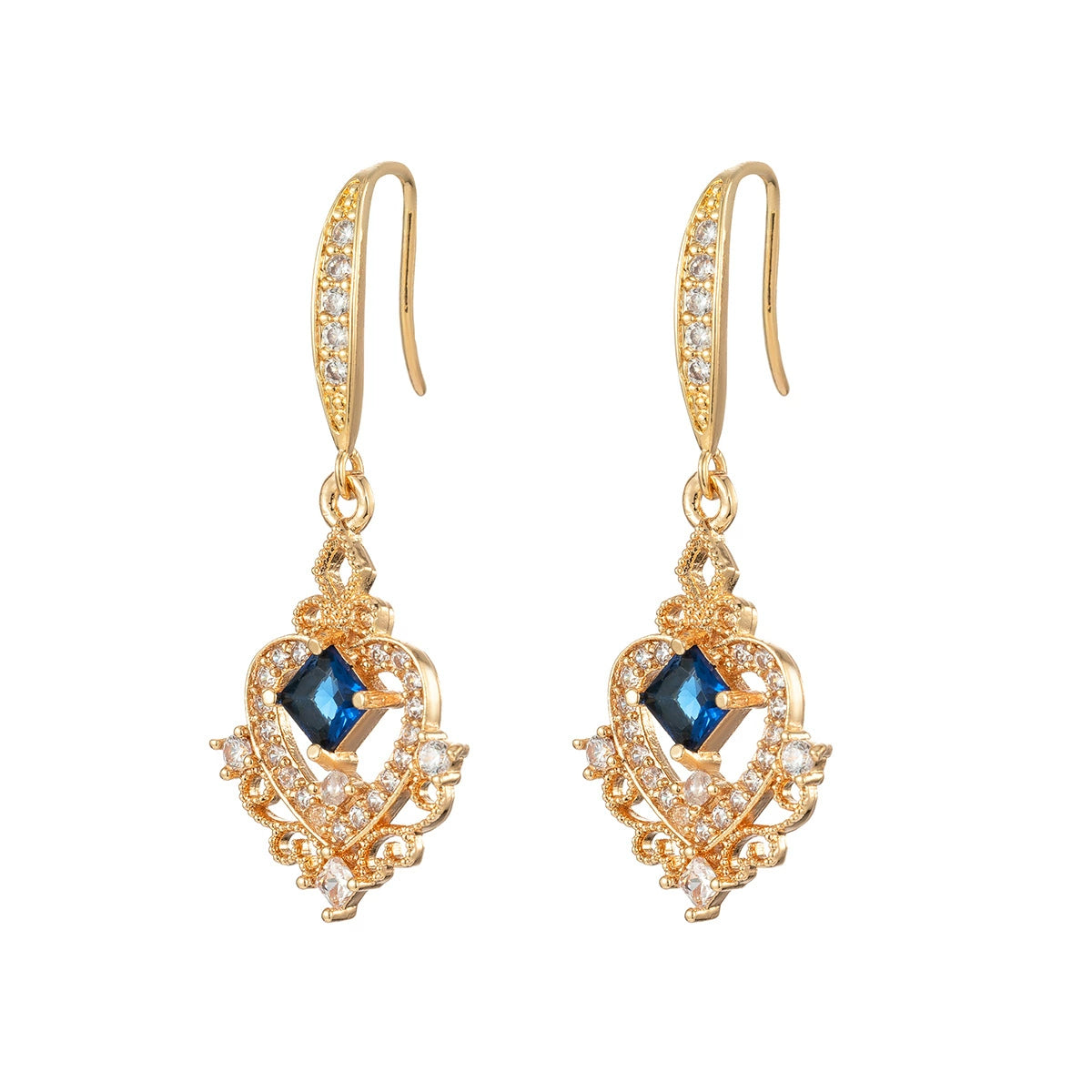 Sapphire Crystal & Cubic Zirconia Goldtone Princess-Cut Heart Hook Earrings