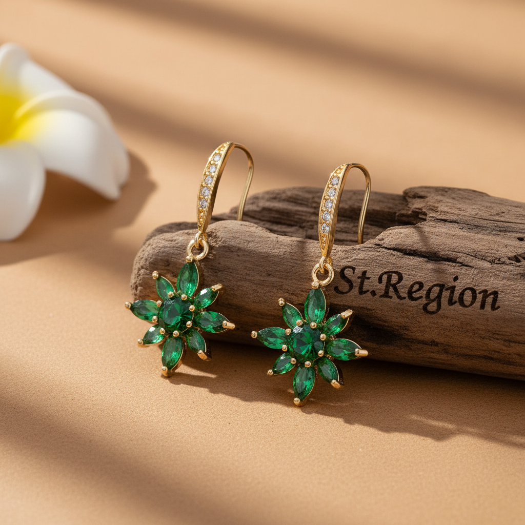 Green Crystal & Cubic Zirconia Goldtone Flower Hook Earrings