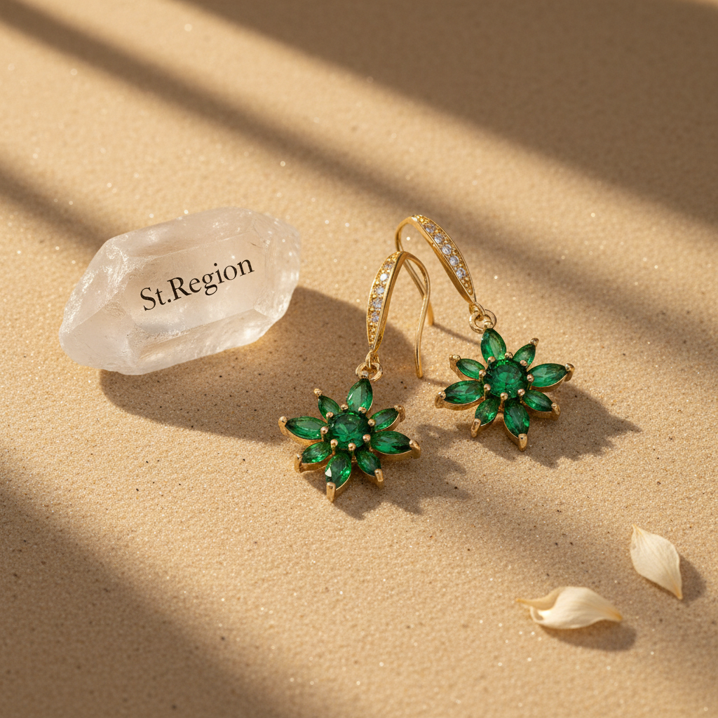 Green Crystal & Cubic Zirconia Goldtone Flower Hook Earrings