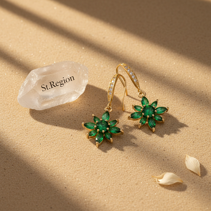 Green Crystal & Cubic Zirconia Goldtone Flower Hook Earrings