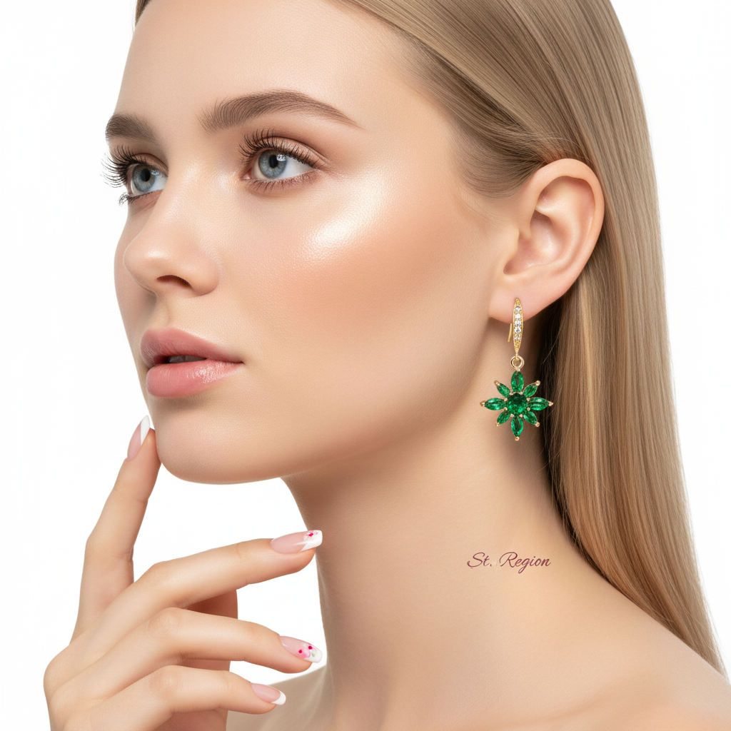 Green Crystal & Cubic Zirconia Goldtone Flower Hook Earrings