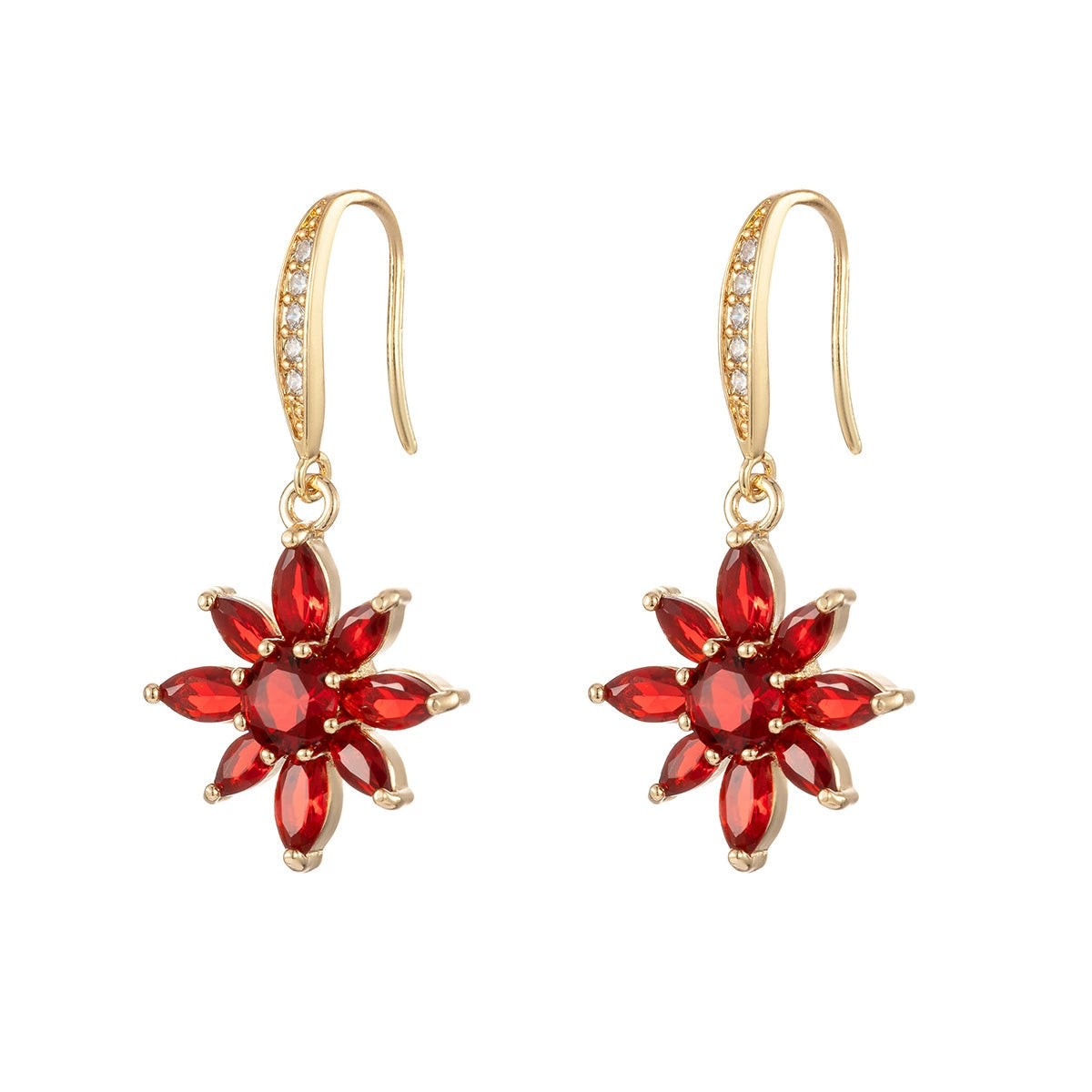 Red Crystal & Cubic Zirconia Goldtone Flower Hook Earrings