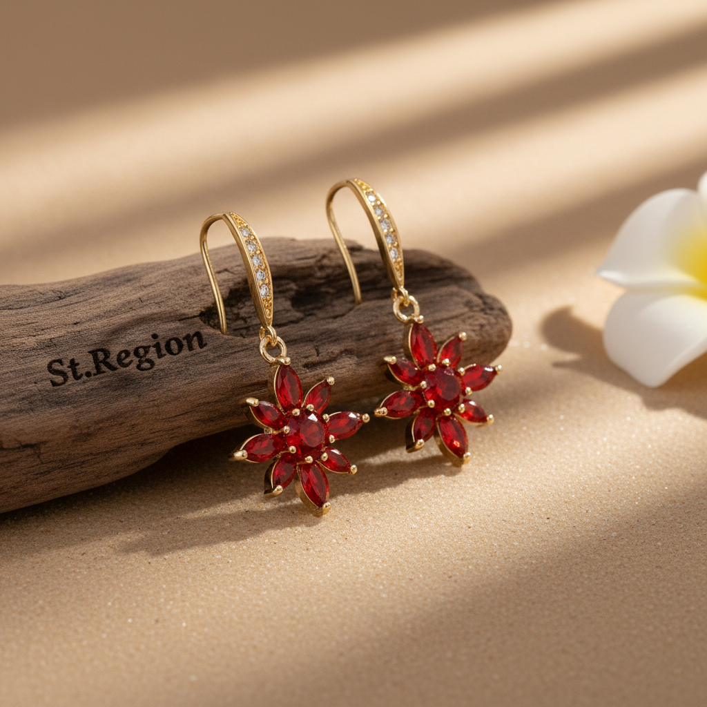 Red Crystal & Cubic Zirconia Goldtone Flower Hook Earrings
