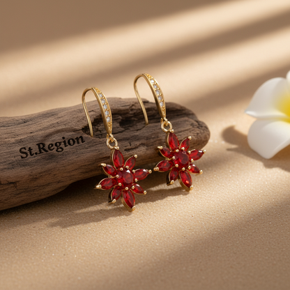 Red Crystal & Cubic Zirconia Goldtone Flower Hook Earrings